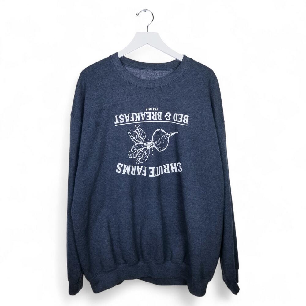 Schrute Farms B&B The Office Dwight Gray Crewneck Sweatshirt Upside Down